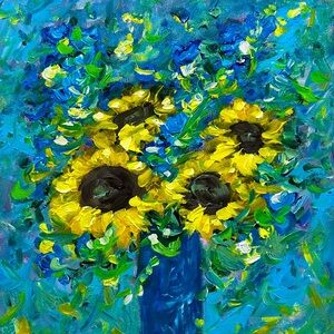 ORIGINAL ACRYLIC SUNFLOWER TEXTURED PAINTING SIZE 14 x 14 inch